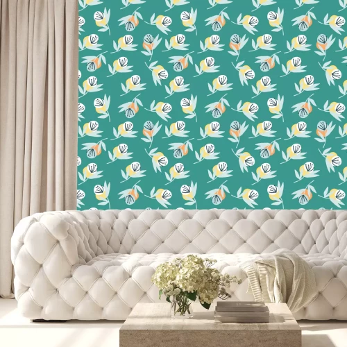 Behang Minimalistische abstracte paardebloemen op blauwe achtergrond