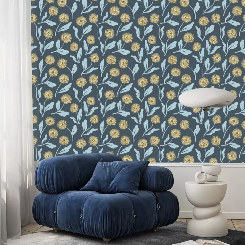 Behang Minimalistische afbeelding met paardebloemen donkerblauwe achtergrond