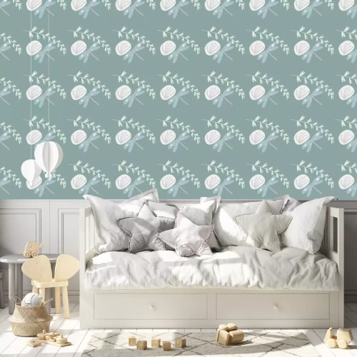 Behang Minimalistisch plantmotief van paardebloemen en libellen