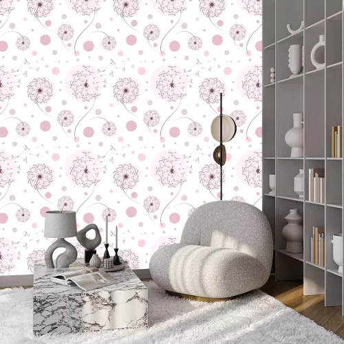 Behang Paarse paardebloemen en roze grafische stippen