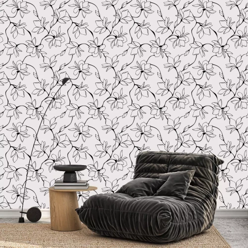 Behang Vector seamless floral pattern with magnolia flowers. Line art illustration.