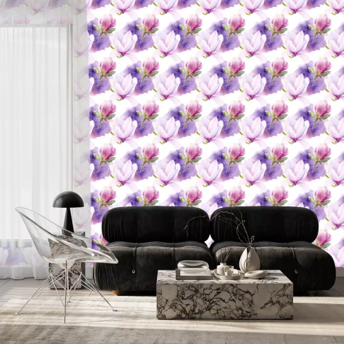 Behang Hand drawn watercolor magnolia seamless pattern with watercolor spine on white background.