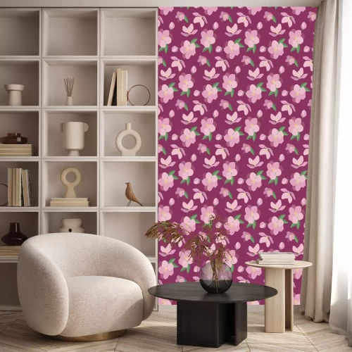 Behang Seamless vector pattern with beautiful magnolia flowers. Hand drawn nature painting. For wrapping, fabric, wallpaper. On a dark pink background