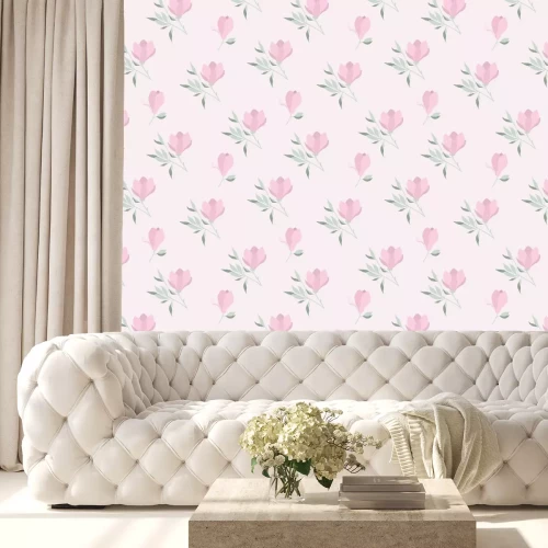 Behang Vector seamless pattern with pink magnolias and green branches