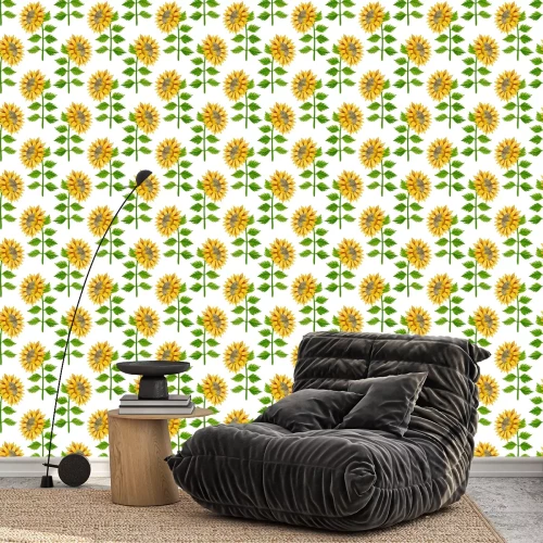 Behang Watercolor seamless pattern of sunflowers and leaves on a white background.