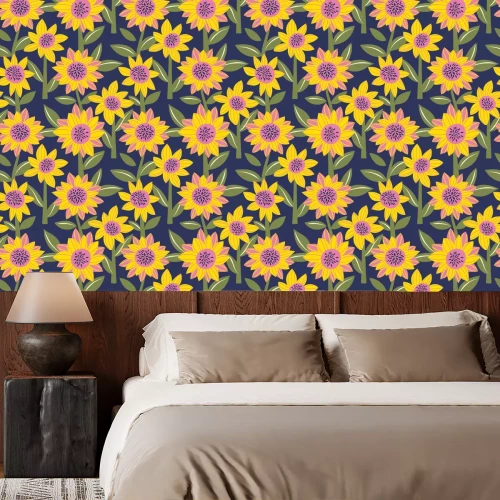 Behang Vector seamless pattern with abstract sunflowers in trendy colors