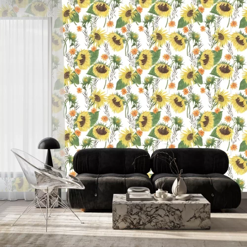 Behang Watercolor painting seamless pattern with sunflowers. 