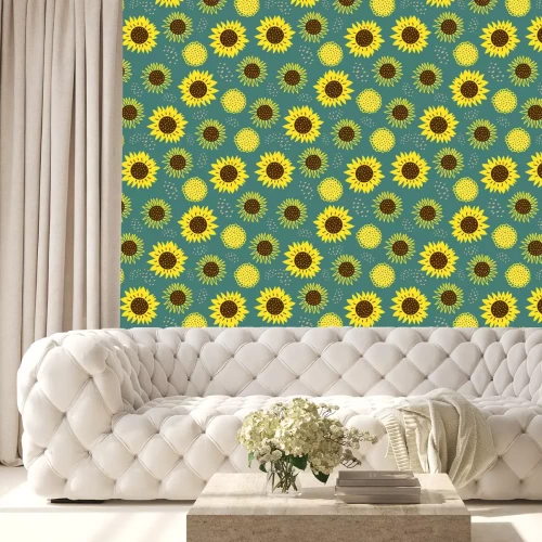 Behang Seamless pattern with sun flowers. Cute hand drawn cartoon childish drawing style. Colorful background with ink texture vector illustration, good for fashion textile print.