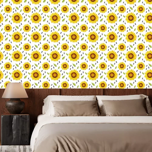Behang Seamless patterns with bright sunflowers on a white background. These images are suitable for creating home textiles, wallpapers, backgrounds and decor.
