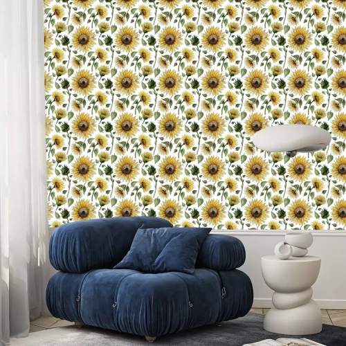 Behang Hand drawn watercolor seamless pattern with sunflower flowers on a white background for your disign.
