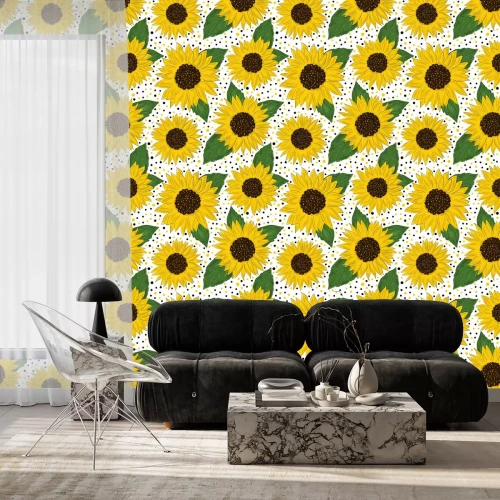 Behang Seamless pattern with sunflowers on white background. Collection decorative floral design elements. Flowers, buds and leaf. Vintage hand drawn vector illustration in sketch and cartoon style.