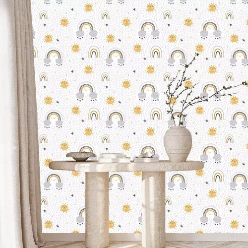 Behang Cute , childish seamless vector pattern for baby textile. Nursery decor, prints,  in abstract scandinavian style. Hand drawn rainbow, sun, stars and polka dots background. Pastel, tender colors. 