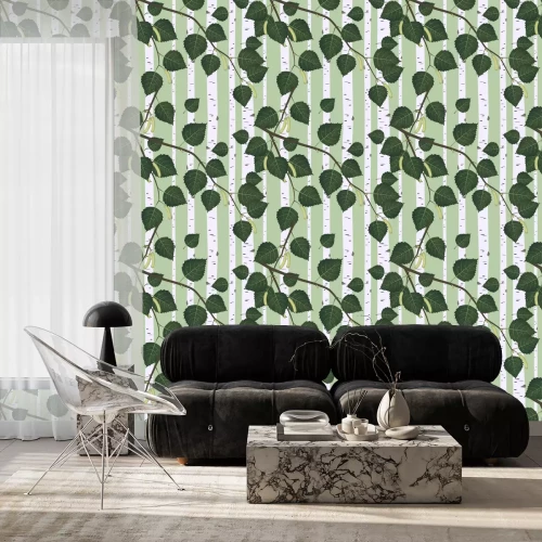 Behang Boomstammen op een groene achtergrond