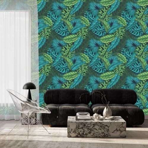 Behang Groen en turkoois blad uit de tropen