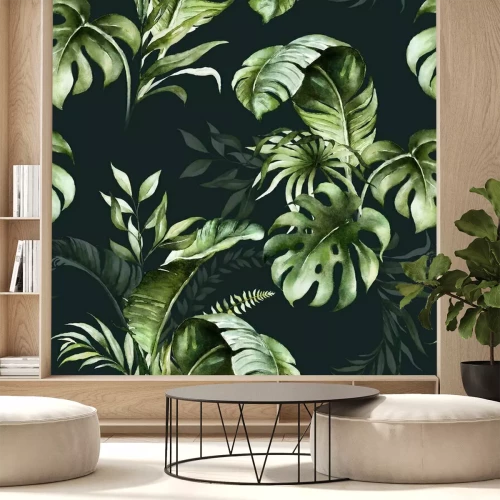 Fotobehang Groene aquarel blaadjes op zwarte achtergrond