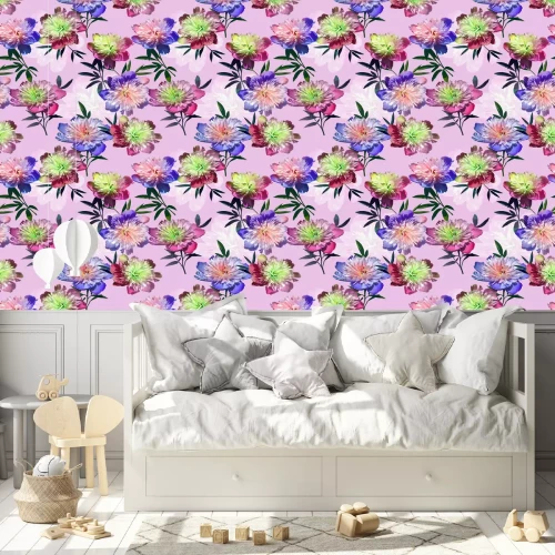 Behang Expressieve roze-blauwe pioenrozen