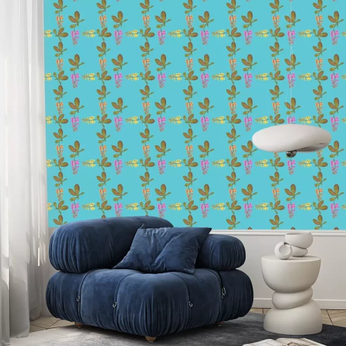 Behang Kleurrijke bloemen met wilgenbladeren