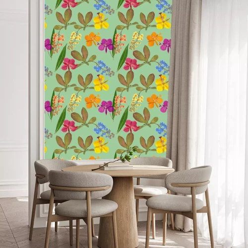 Behang Berberis en wilgenroosje op een blauwe achtergrond