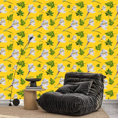 Behang Groene vegetatie met witte krokussen