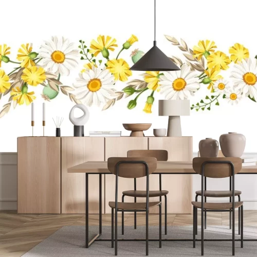 Sticker Vector horizontal seamless border with white daisies and yellow wild flowers and ears of wheat. 