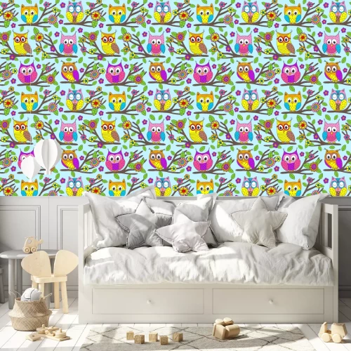 Behang Cartoon kleurrijke babyuilen