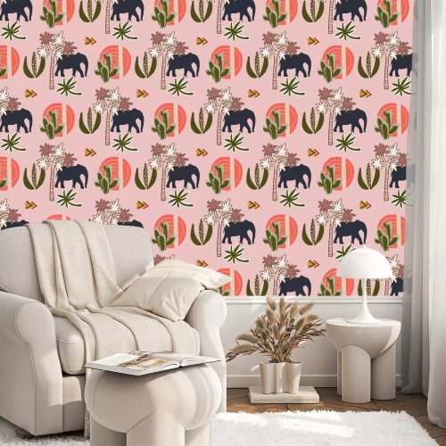 Behang Olifanten en planten op een roze achtergrond