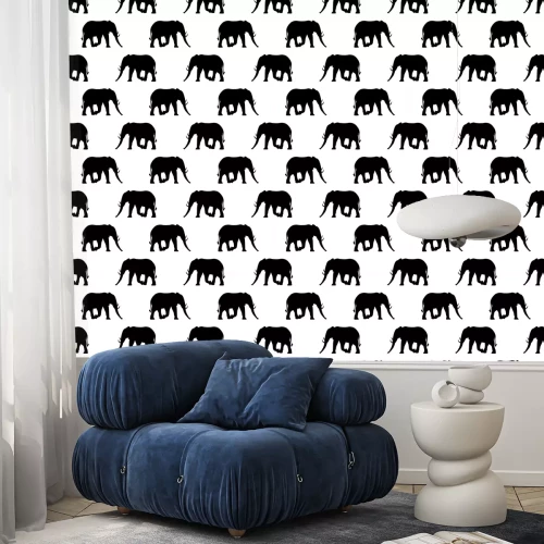 Behang Zwarte silhouetten van olifanten op een witte achtergrond