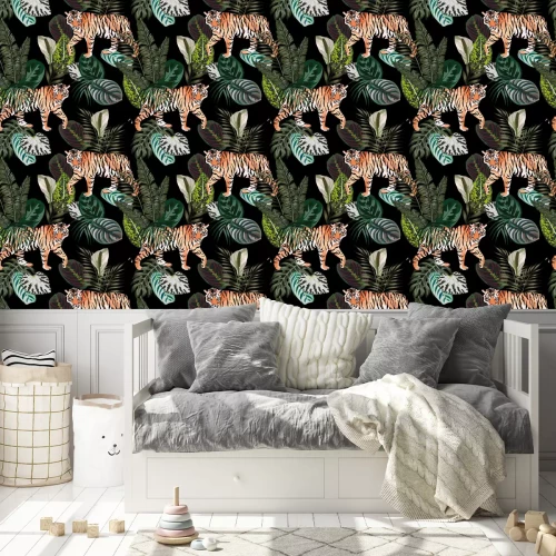Behang tiger dark jungle pattern