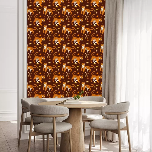 Behang Tigers. Vector hand drawn seamless pattern. Ornament with predators. Wild cats background.