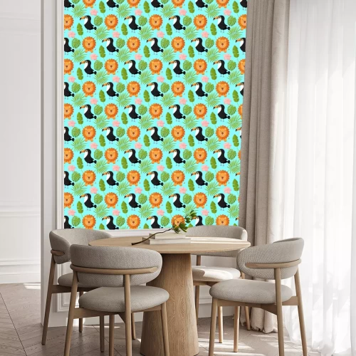 Behang Leeuwen en toekans tussen groene tropische bladeren