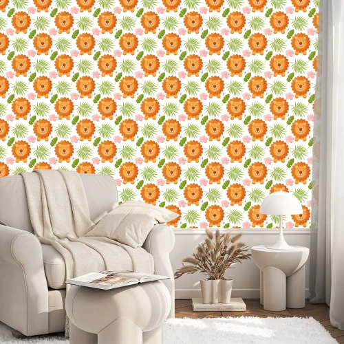 Behang Leeuwen en tropische planten op een witte achtergrond