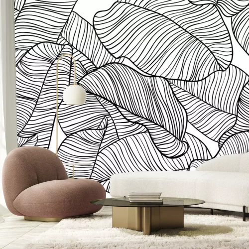 Sticker Zwart-wit tekening met bladeren van een tropische plant