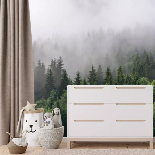 Fotobehang Mist over het dichte groene boslandschap