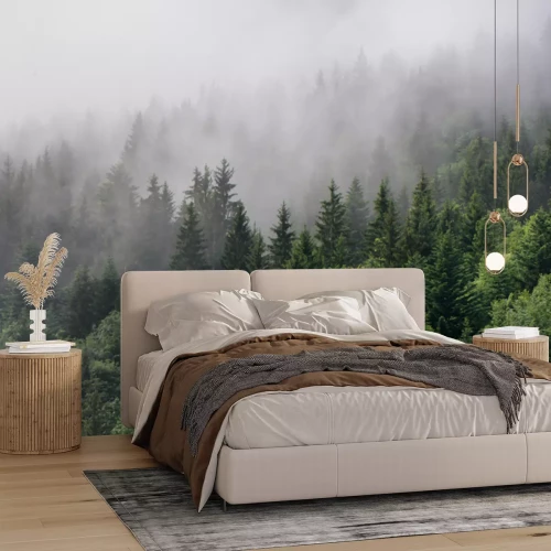 Fotobehang Mist over het dichte groene boslandschap