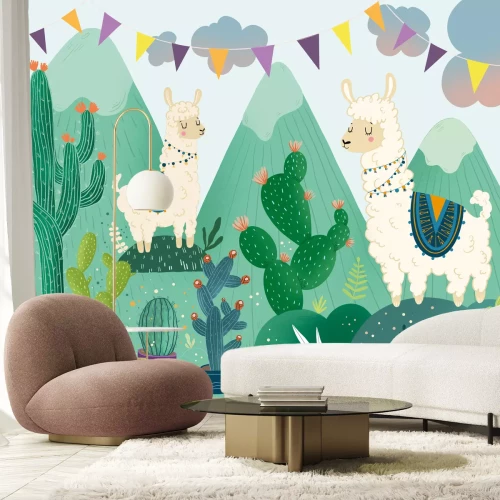 Fotobehang Lama's in de bergen