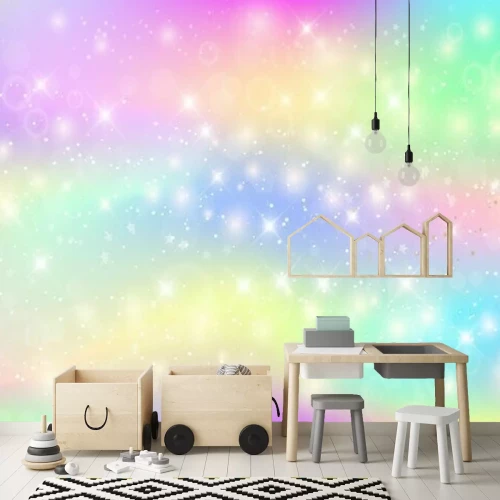 Fotobehang Regenboogachtergrond met sterren en bubbels