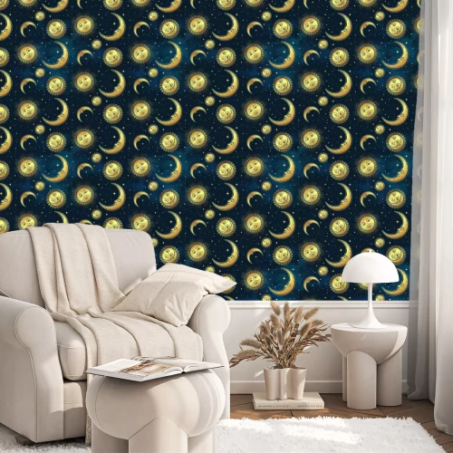 Behang Seamless pattern with gold celestial bodies - moon, sun and stars over blue night sky background. Boho chic fabric print, wrapping paper or textile design hand drawn vector illustration.