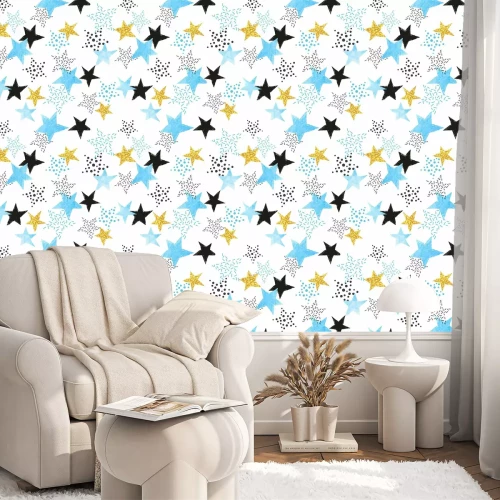 Behang Seamless Stars pattern. Vector background with watercolor blue and glittering golden stars.