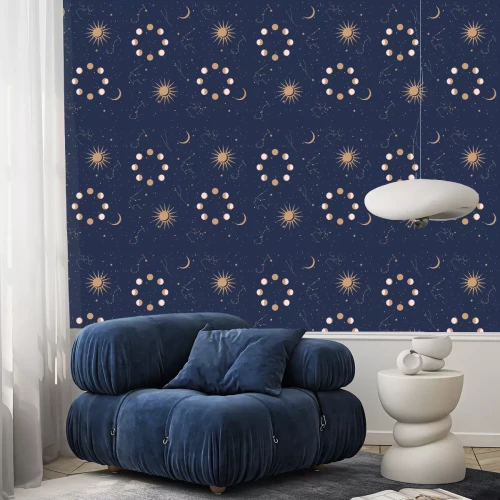 Behang Seamless pattern with Astrology and Space concept. Minimalistic objects made in the style of one line. Editable vector illustration.