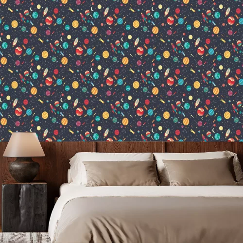 Behang Seamless vector pattern with colorful hand drawn spaceships, planets and stars. Astronomy themed pattern for wallpaper, textiles, kids prints. Schools and science design.