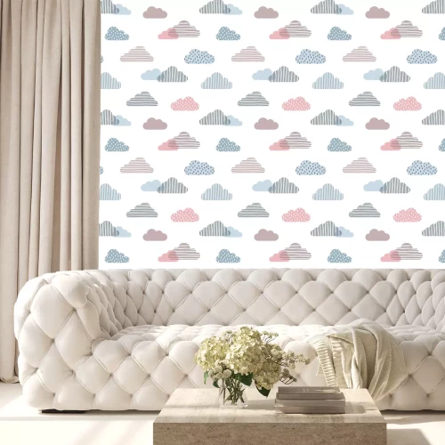 Behang Seamless pattern with doodle clouds in trendy pastel colors