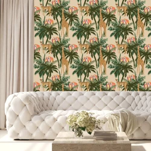 Behang Papegaaiengiraffen en cheeta's op de achtergrond van palmbomen