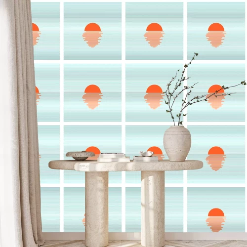 Behang Sunset in ocean - striped background. Vector line art