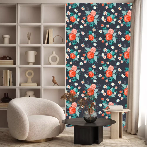 Behang Geïllustreerde bloemen met bladeren op een donkere achtergrond