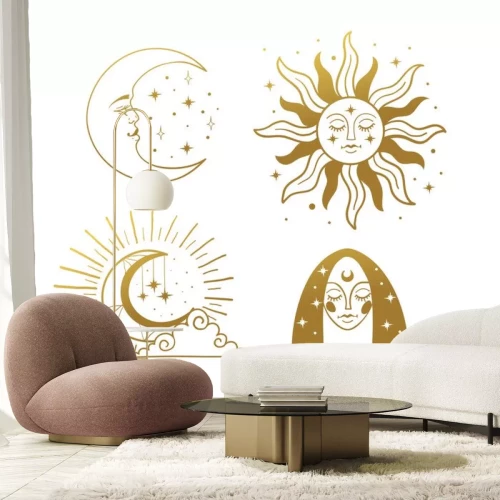 Sticker Set of beautiful golden mystical elements in boho style, sun and crescent with a face, the moon, a female face with stars. Elements for design, tattoo, sticker. Linear vector illustration isolated on