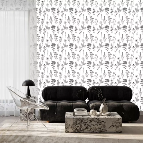 Behang Zwart-witte wilde bloemen