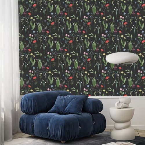 Behang Kruiden en wilde bloemen op een donkere achtergrond