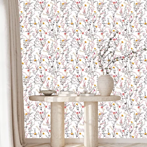 Behang Botanisch patroon met bloemen op een witte achtergrond