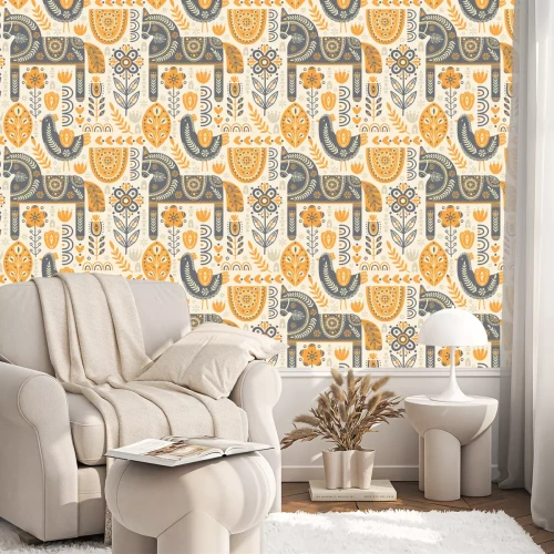 Behang Volkspaarden, vogels en Scandinavische planten