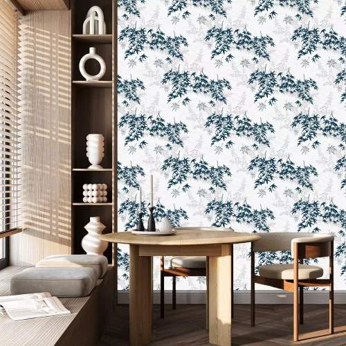 Behang Bladeren op een grijze achtergrond in Japanse stijl